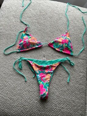 Tropical Floral Triangle String Bikini - Turquoise & Pink